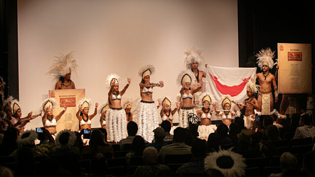 Members of the Rapa Nui comnunity welcome attendees at the screening of their film - "Te Pits o Te Henua" or "The Navel of the World" - during the Festival of Pacific Arts & Culture in June. Photoby Dan Lin, Nia Tero.